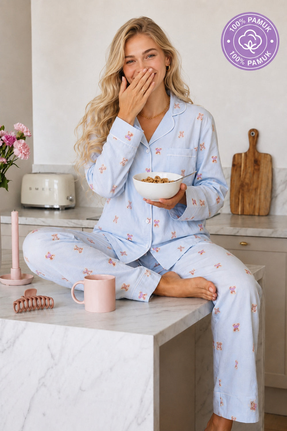 Gömlek Yaka Uzun Kollu Önden Kalp Düğmeli Cep Detaylı Mini Ayıcık Desenli Pantolonlu Kadın Pijama Takımı Premium Pamuklu — Bebek Mavi