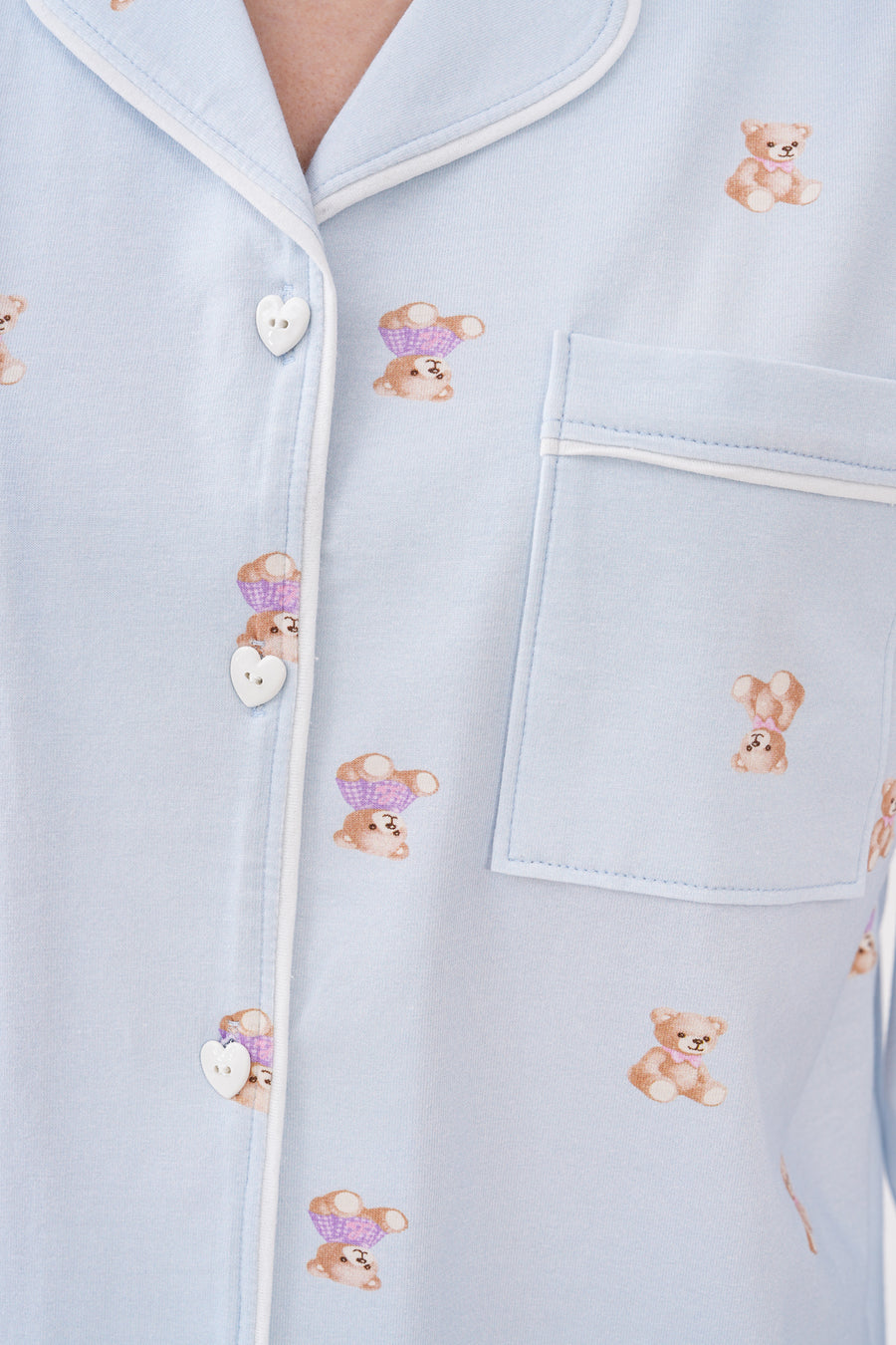 Gömlek Yaka Uzun Kollu Önden Kalp Düğmeli Cep Detaylı Mini Ayıcık Desenli Pantolonlu Kadın Pijama Takımı Premium Pamuklu — Bebek Mavi