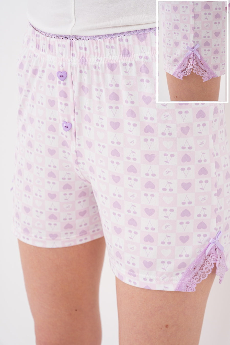 Askılı Fiyonk Dantel Viskon Atlet Kareli Kalp Desenli Şortlu Kadın Pijama Takımı — Lila