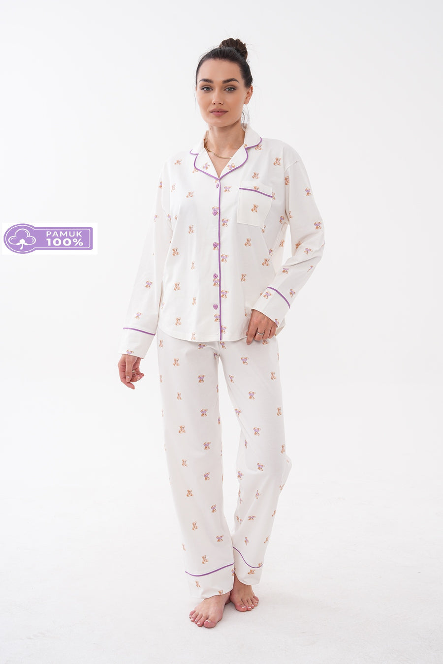 Gömlek Yaka Uzun Kollu Kalp Düğmeli Mini Ayıcık Desenli Pantolonlu Kadın Pijama Takımı Pamuklu — Ekru