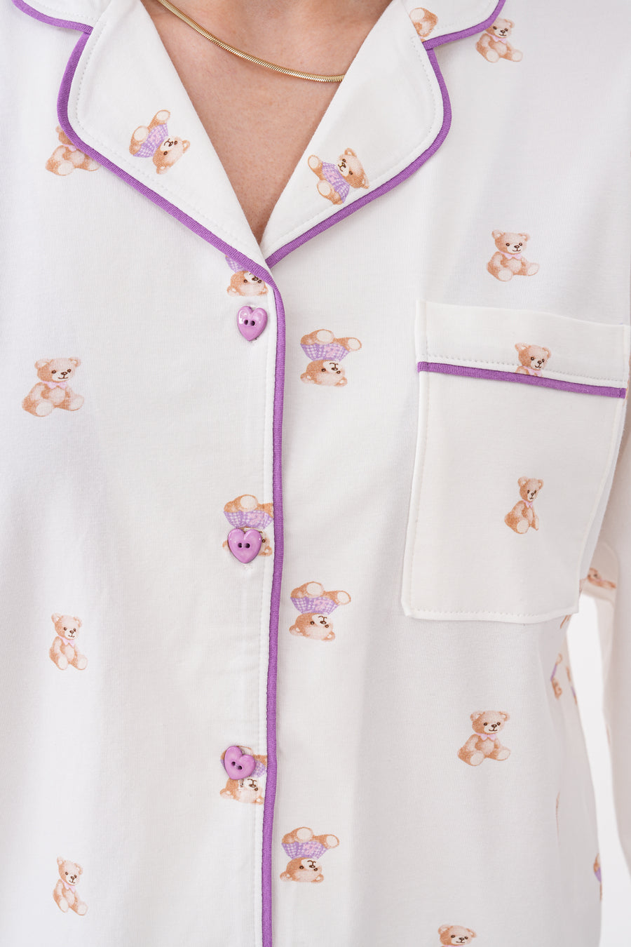 Gömlek Yaka Uzun Kollu Kalp Düğmeli Mini Ayıcık Desenli Pantolonlu Kadın Pijama Takımı Pamuklu — Ekru