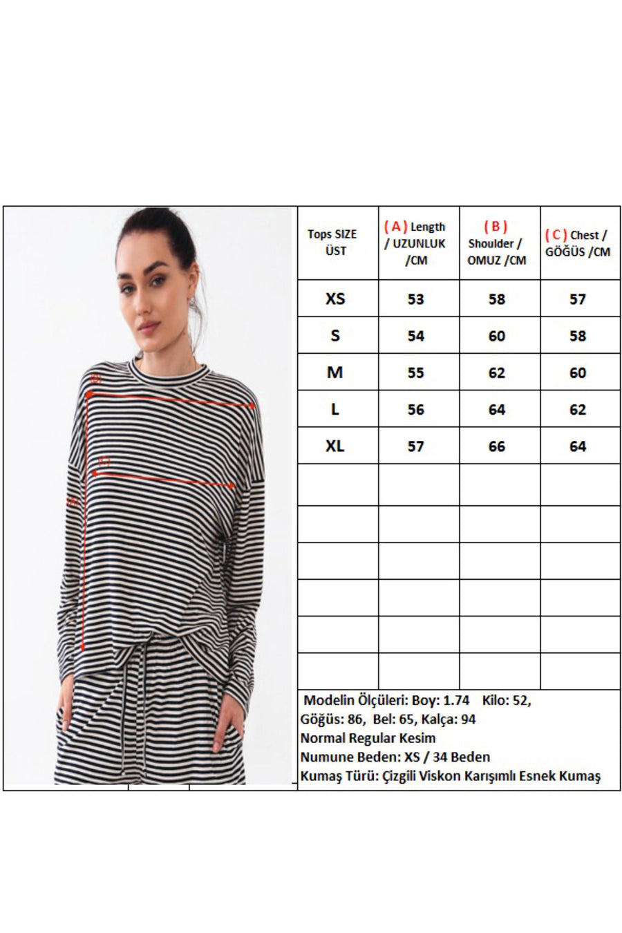 Bisiklet Yaka Uzun Kollu Düşük Omuzlu Oversize Çizgili Kadın Tişört Premium Viskon — Lacivert