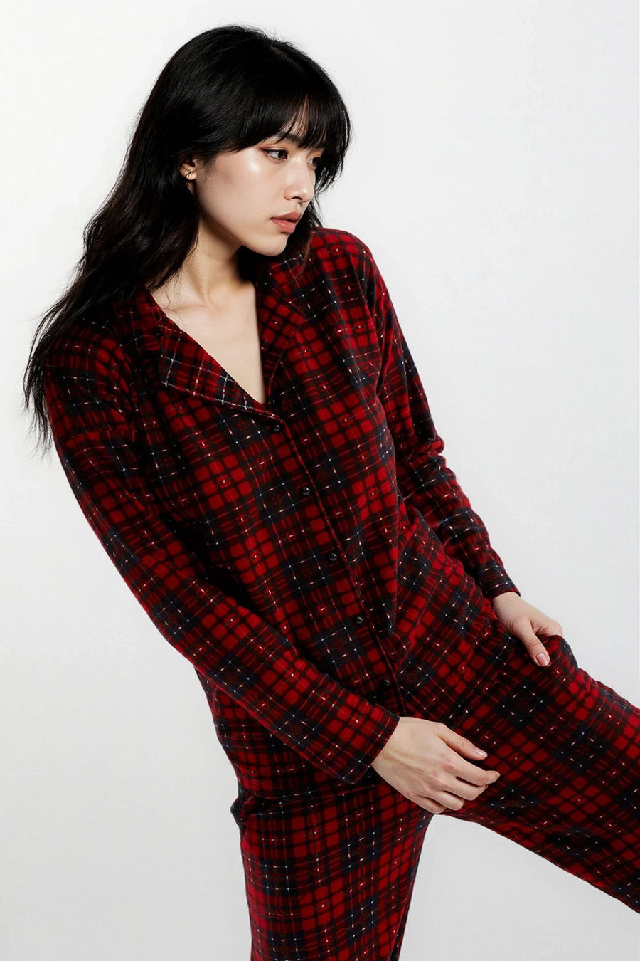 Lulus Friends Kadın Kırmızı Ekoseli Bebe Yaka Uzun Kol Soft Süet Düğmeli Pijama Set — Kırmızı
