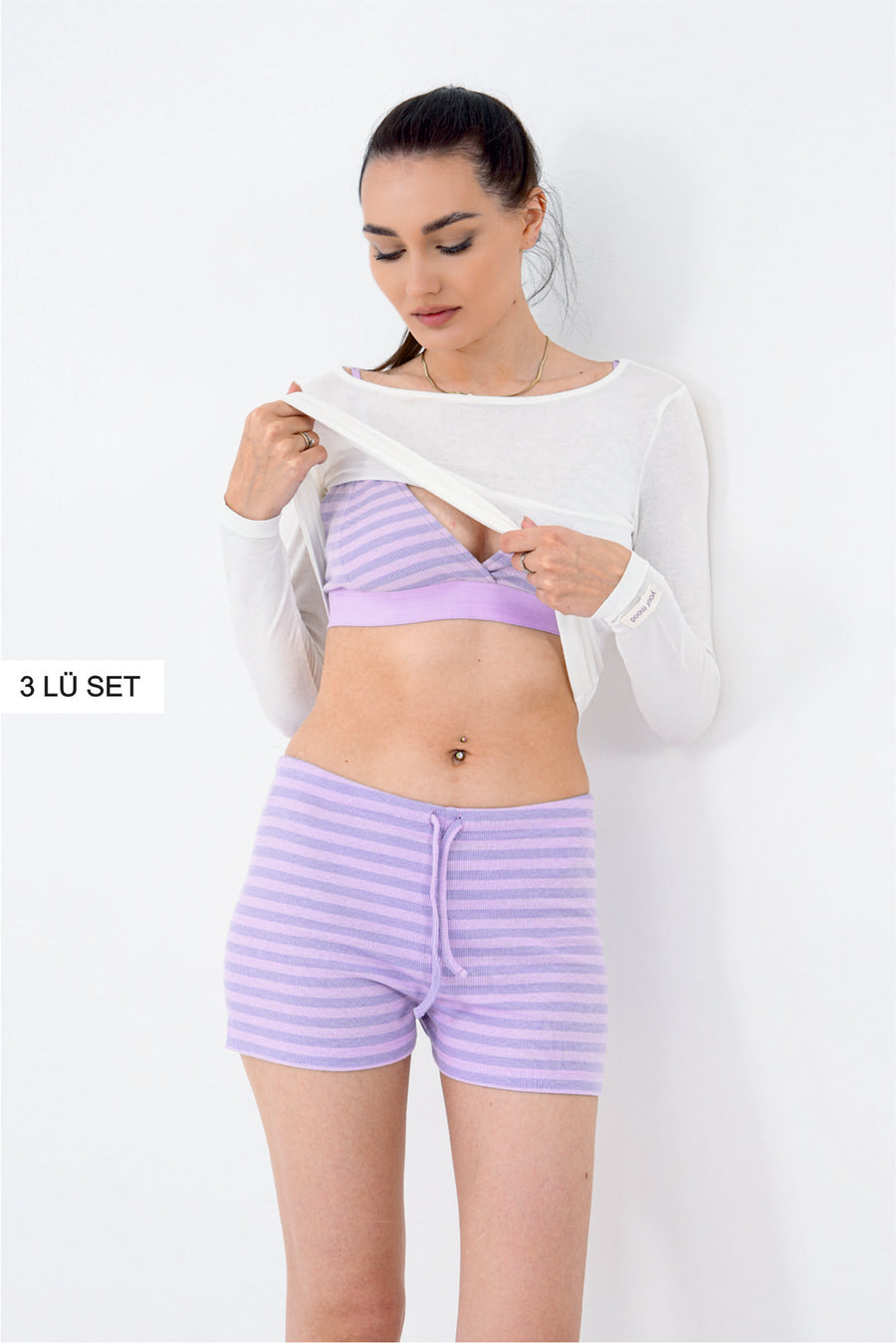 3’lü Uzun Kollu Tişörtlü Braletli Çizgili Şortlu Pijama Takımı — Lila