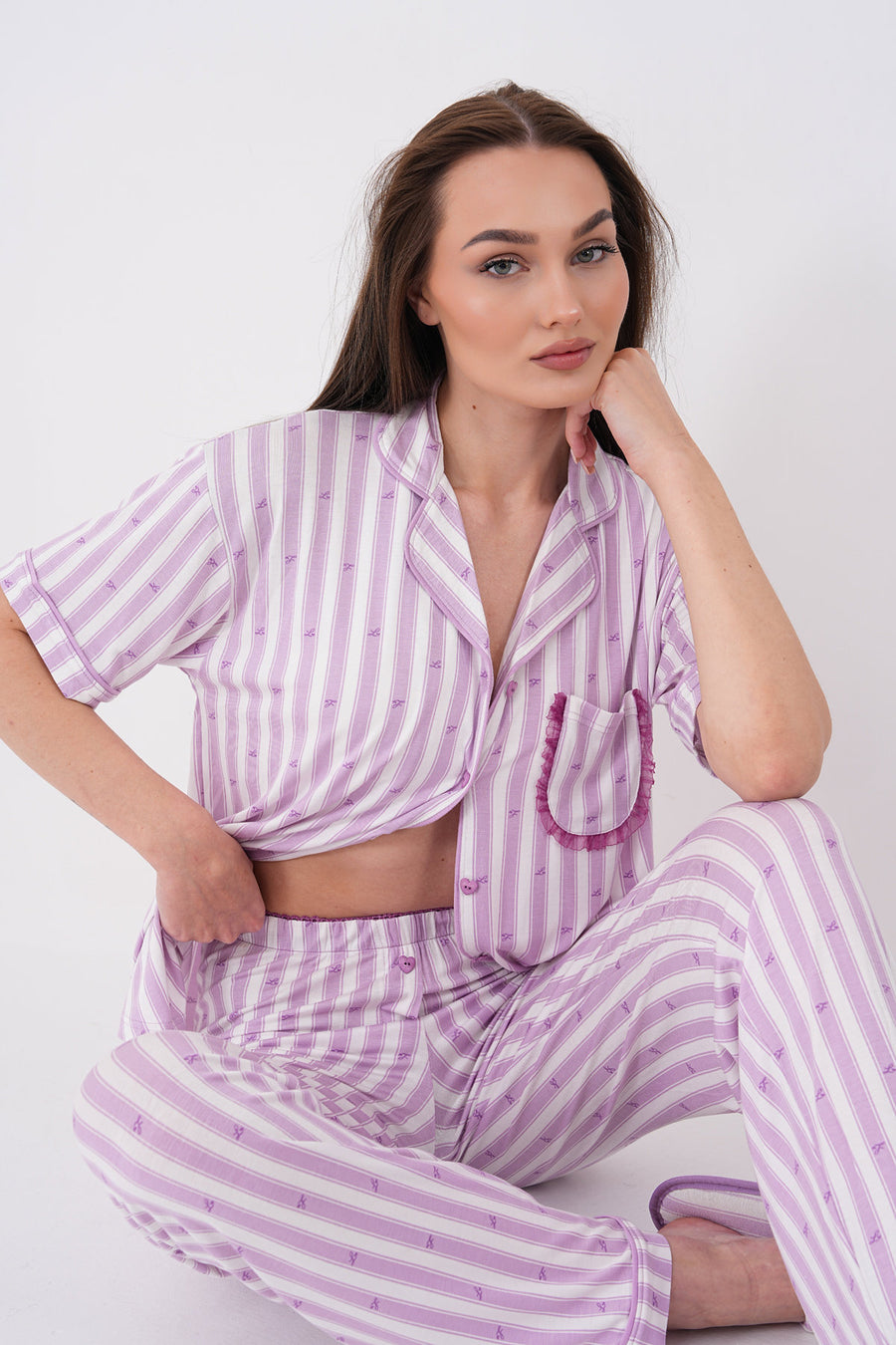 Çizgili Dantel Cep Detaylı Kısa Kollu Bebe Yaka Pantolon Pijama Takımı — Lila