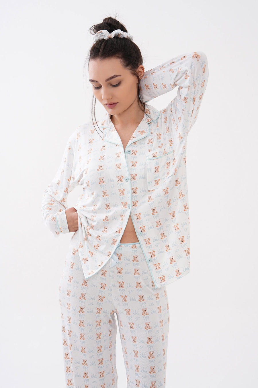 Mini Baskılı Uzun Kollu Bebe Yaka Önden Düğmeli Pantolonlu Pijama Takımı — Bebek Mavi