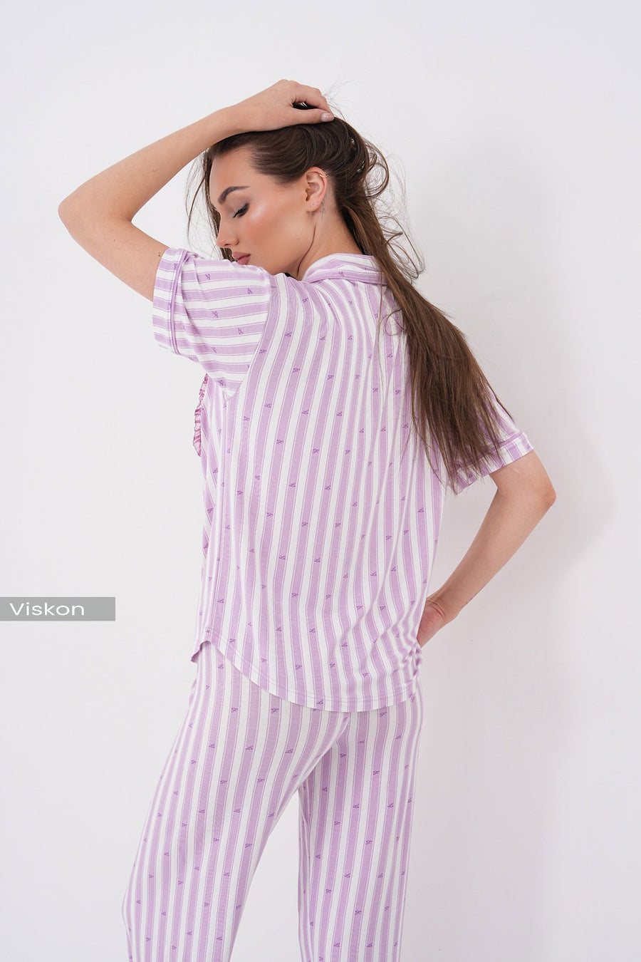Çizgili Dantel Cep Detaylı Kısa Kollu Bebe Yaka Pantolon Pijama Takımı — Lila
