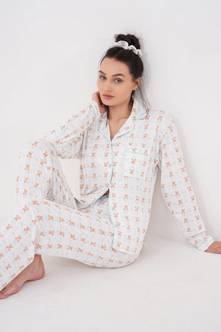 Mini Baskılı Uzun Kollu Bebe Yaka Önden Düğmeli Pantolonlu Pijama Takımı — Bebek Mavi